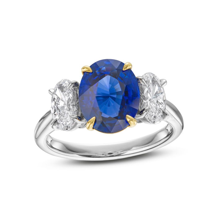 Blue Sapphire Three Stone Engagement Ring (3.15tw) In Solid 18K Yellow Gold/platinum