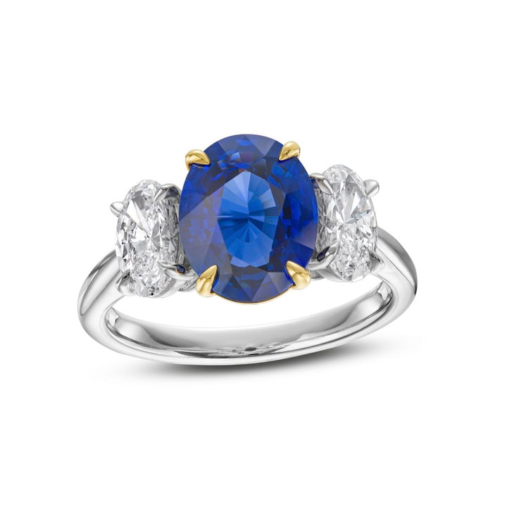 Blue Sapphire Three Stone Engagement Ring (3.15tw) In Solid 18K Yellow Gold/platinum