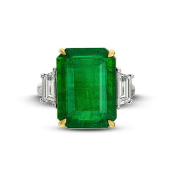 Emerald and Trapezoid Diamond Three Stone Ring