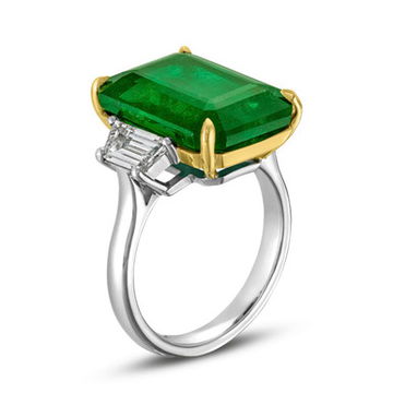Emerald and Trapezoid Diamond Three Stone Ring