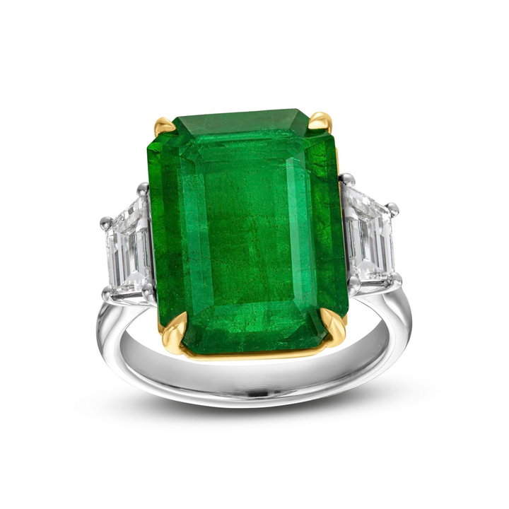 Green Emerald Three Stone Engagement Ring (10tw) In Solid 18K Yellow Gold/platinum