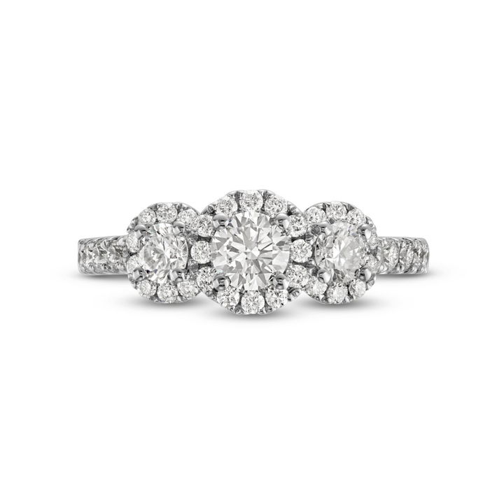 White Gold 14K Round Diamond Three Stone Halo Engagement Ring