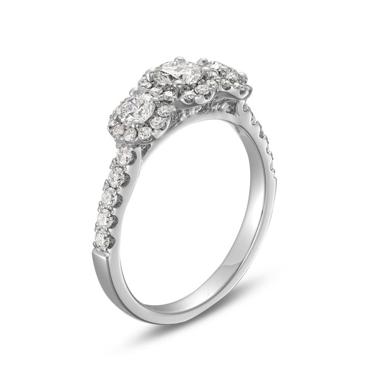 White Gold 14K Round Diamond Three Stone Halo Engagement Ring