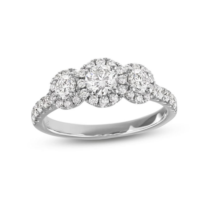 White Gold 14K Round Diamond Three Stone Halo Engagement Ring