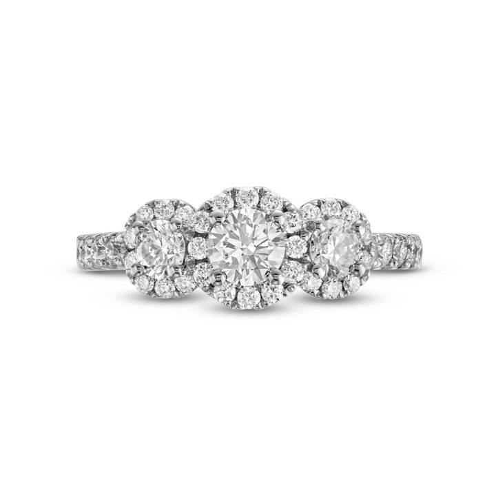 Round Diamond Three Stone Halo Engagement Ring In White Gold 14K