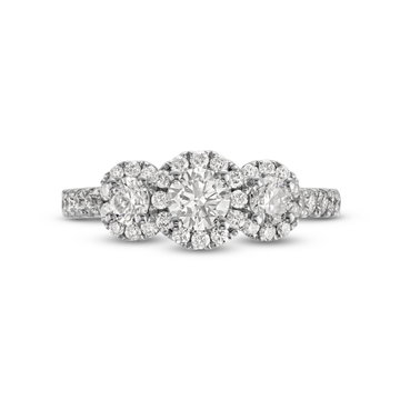 Round Diamond Three Stone Halo Engagement Ring In White Gold 14K