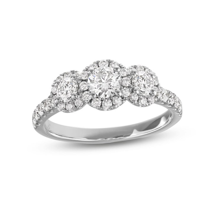 Round Diamond Three Stone Halo Engagement Ring In White Gold 14K