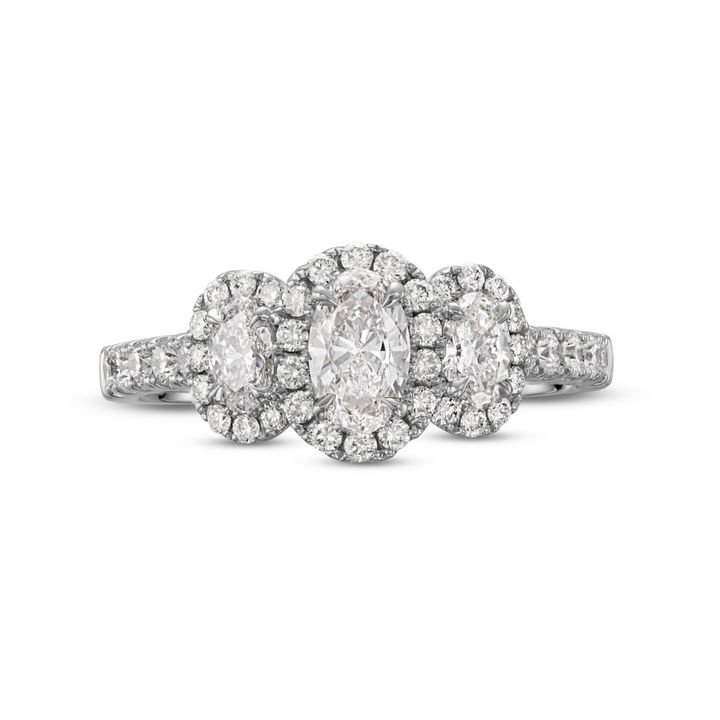 White Gold 14K Oval Diamond Three Stone Halo Engagement Ring