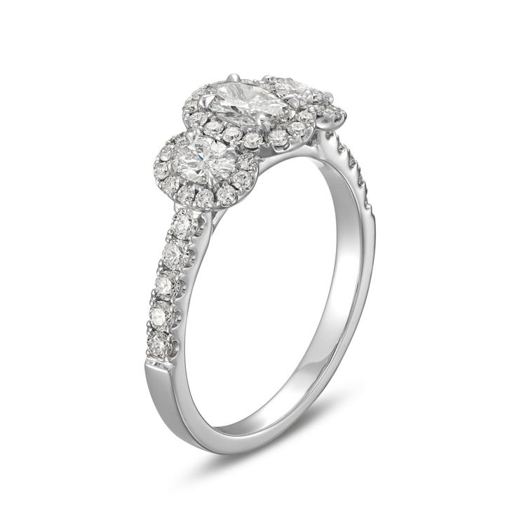 White Gold 14K Oval Diamond Three Stone Halo Engagement Ring