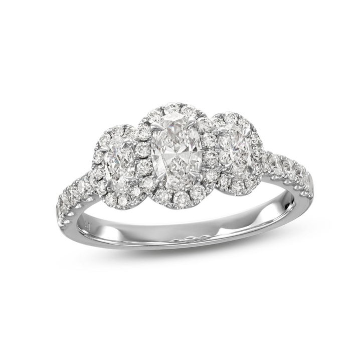 White Gold 14K Oval Diamond Three Stone Halo Engagement Ring