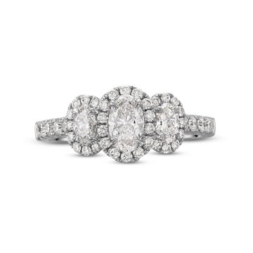 Oval Diamond Three Stone Halo Engagement Ring In White Gold 14K