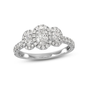 Oval Diamond Three Stone Halo Engagement Ring In White Gold 14K