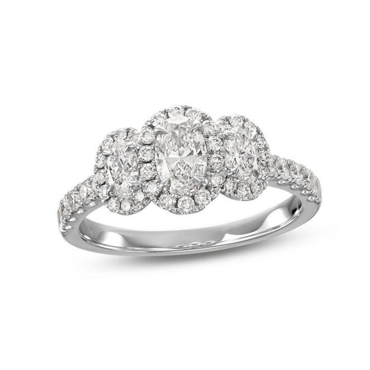 Oval Diamond Three Stone Halo Engagement Ring In White Gold 14K