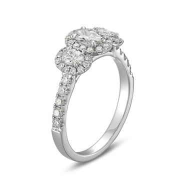 Oval Diamond Three Stone Halo Engagement Ring In White Gold 14K