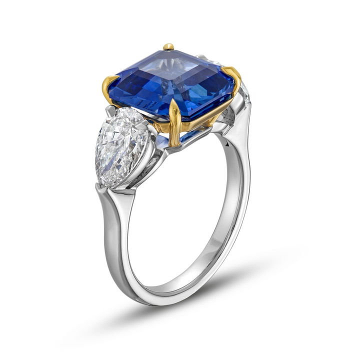 Asscher Sapphire and Diamond Three Stone Ring