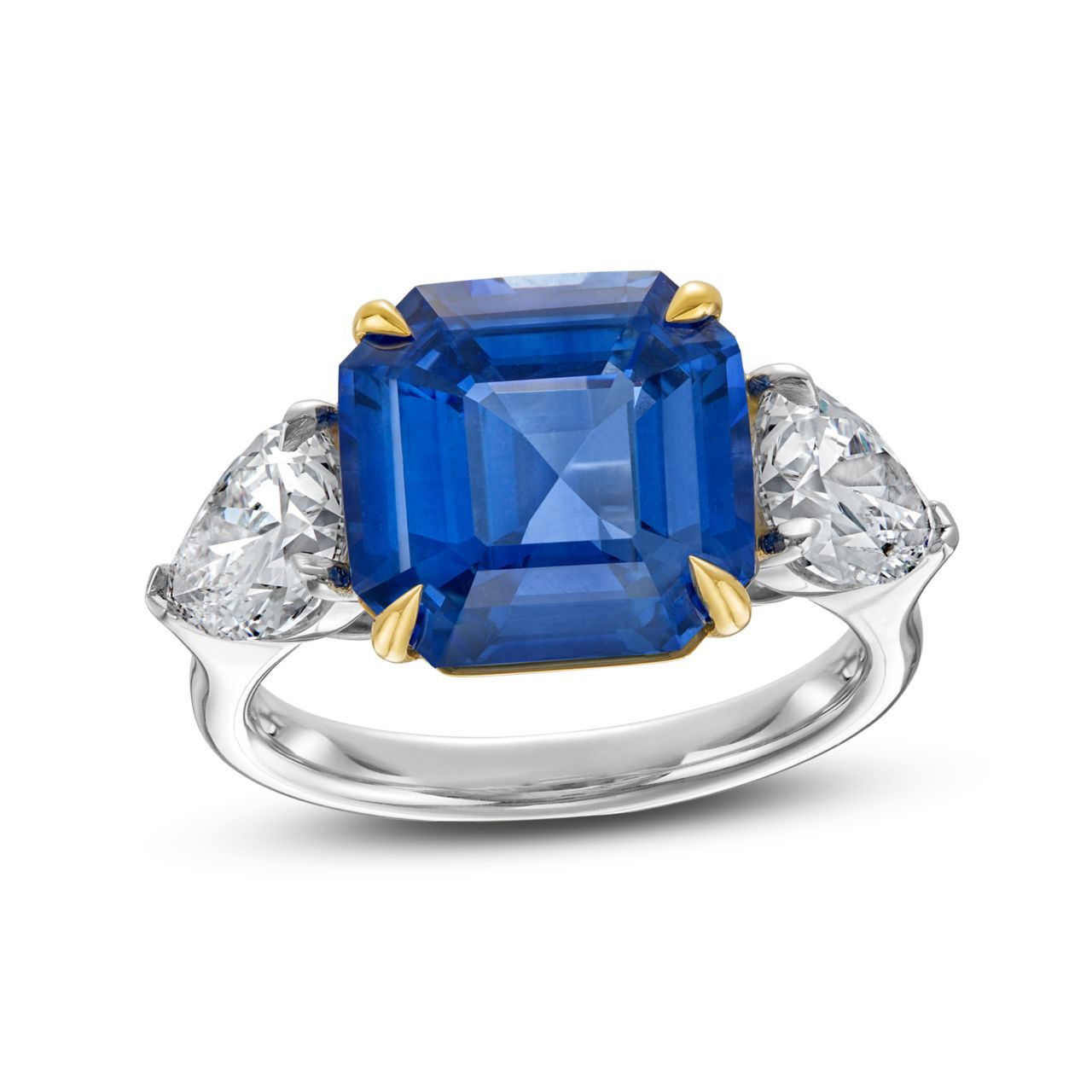 Asscher Sapphire and Diamond Three Stone Ring by Diamonds Direct