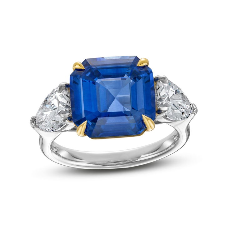 Asscher Sapphire and Diamond Three Stone Ring