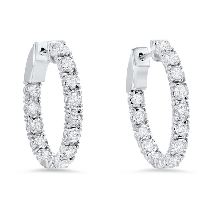 Oval Illusion Diamond Hoop Earrings In Solid 14K White Gold