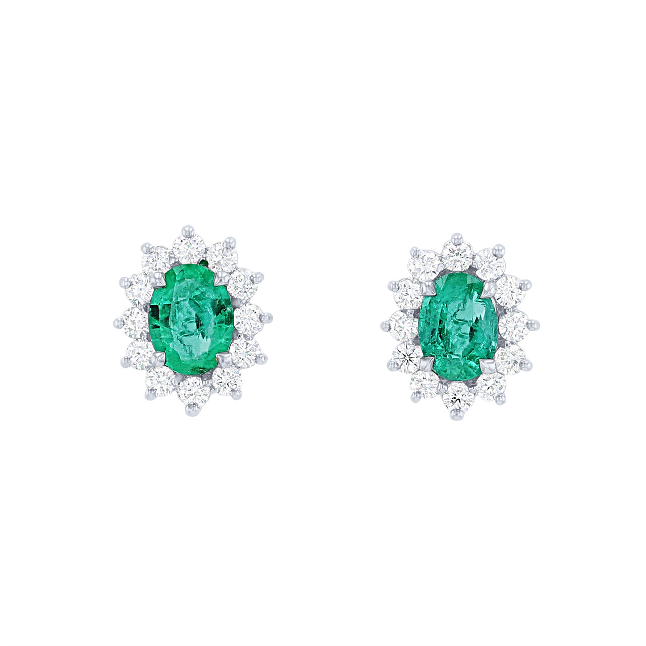 Green Emerald and Diamond Halo Stud Earrings 0