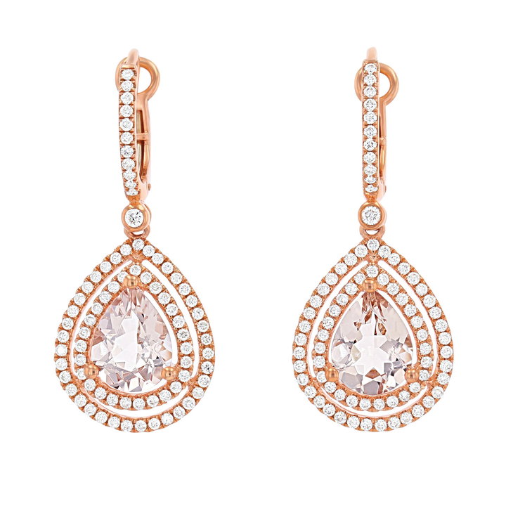 Morganite Double Halo Drop Earrings In Rose Gold 14K