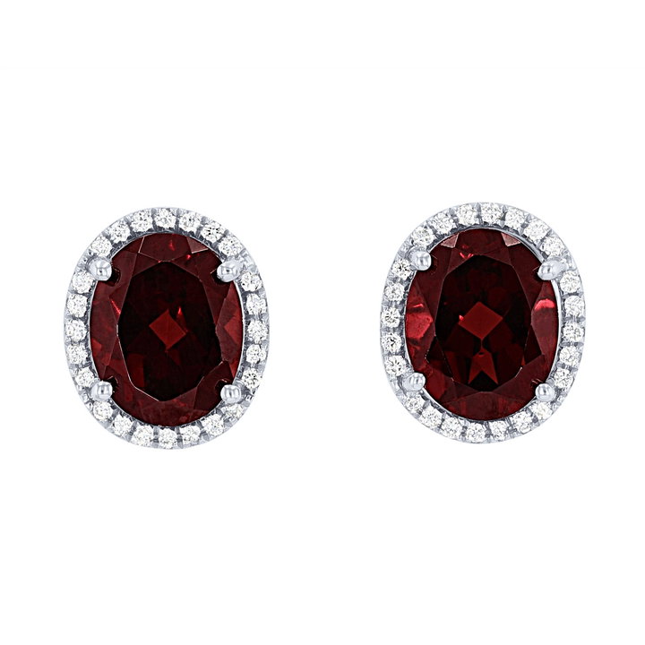 Oval Garnet and Diamond Halo Stud Earrings In White Gold 14K