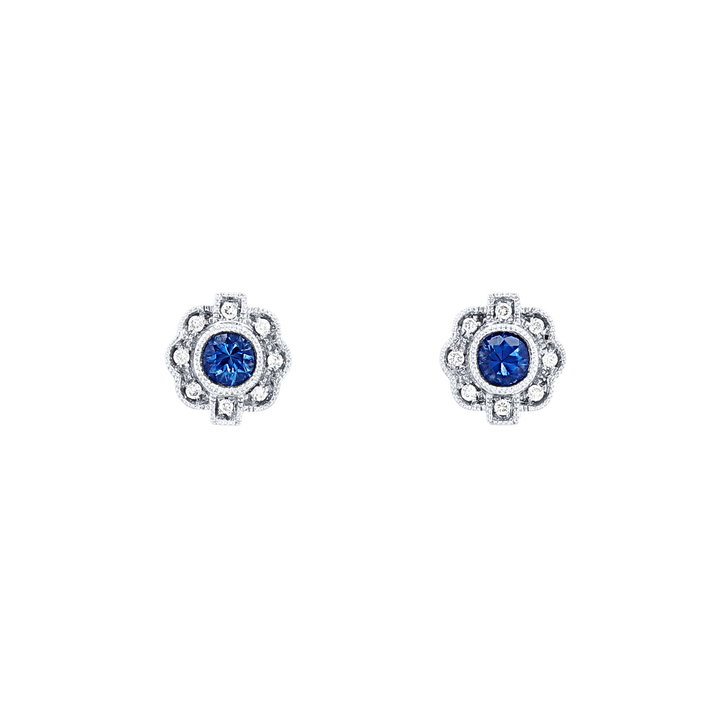 Vintage Sapphire and Diamond Stud Earrings In Solid 14K White Gold