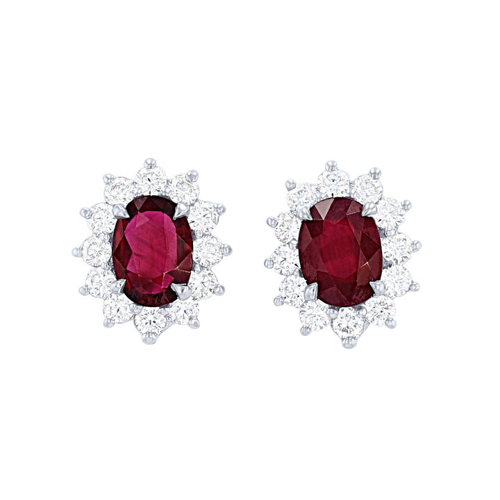 Ruby and Diamond Halo Stud Earrings In White Gold 14K