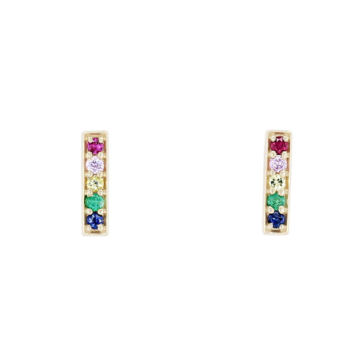 Rainbow Sapphire Bar Stud Earrings In Yellow Gold 14K