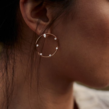 Open Concept Mixed Diamond Circle Earrings In Solid 14K Rose Gold