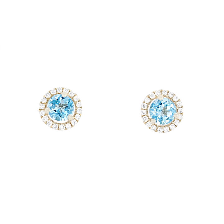 Blue Topaz and Diamond Halo Stud Earrings In Yellow Gold 14K