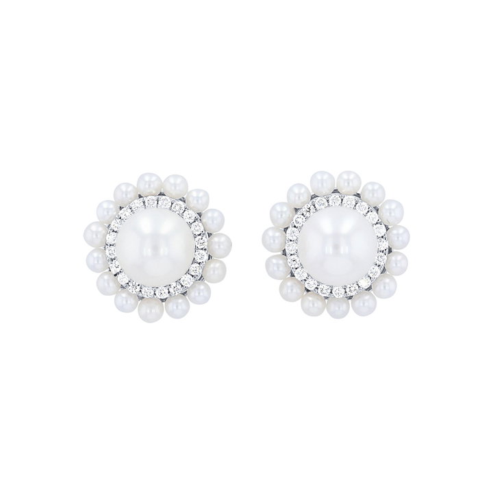 Double Halo Pearl and Diamond Stud Earrings In White Gold 14K