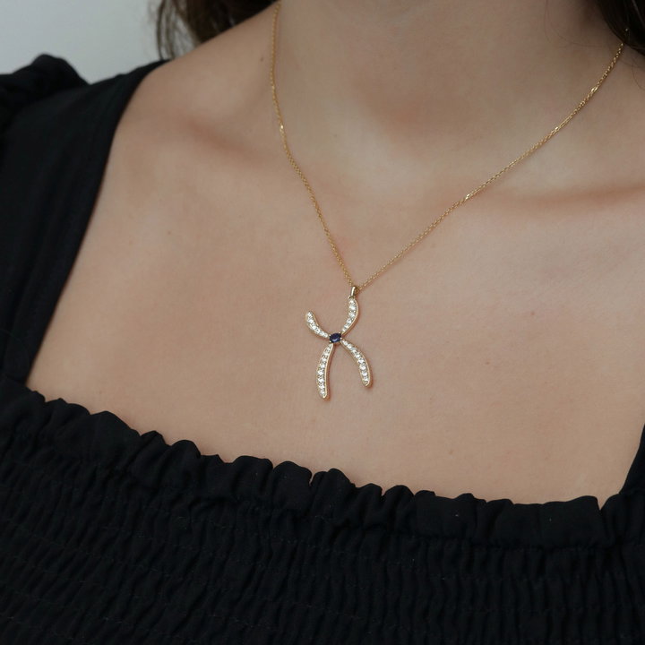 Sapphire And Diamond Chromosome Pendant In Solid 14K Yellow Gold
