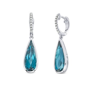 London Blue Topaz Pear Bezel Earrings In Solid 14K White Gold