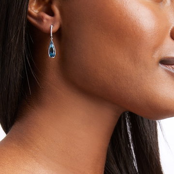 London Blue Topaz Pear Bezel Earrings In Solid 14K White Gold