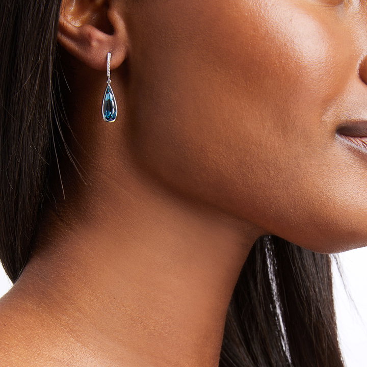 London Blue Topaz Pear Bezel Earrings In Solid 14K White Gold