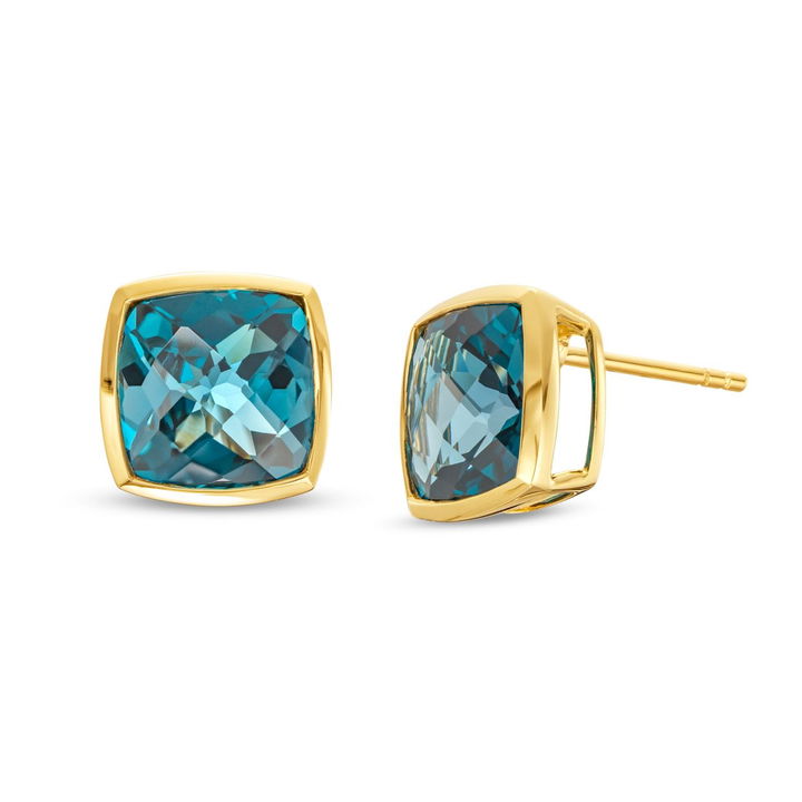 London Blue Topaz Bezel Stud Earrings In Yellow Gold 14K