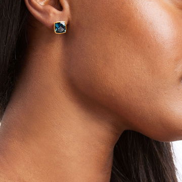 London Blue Topaz Bezel Stud Earrings In Yellow Gold 14K