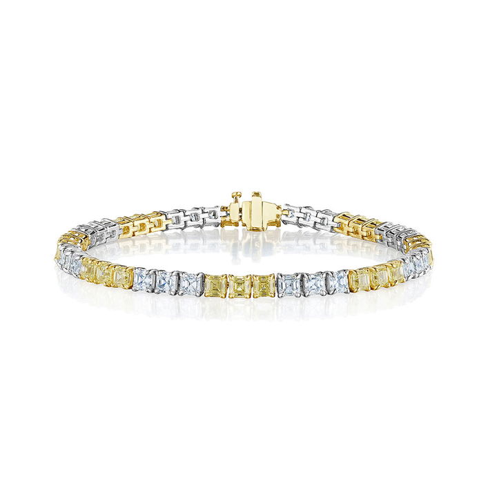 Asscher Cut White and Yellow Diamond Tennis Bracelet