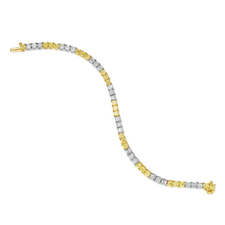 Asscher Cut White and Yellow Diamond Tennis Bracelet