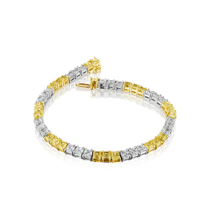 Asscher Cut White and Yellow Diamond Tennis Bracelet