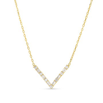 Alternating Round and Baguette Diamond V Shape Pendant In Yellow Gold 18K