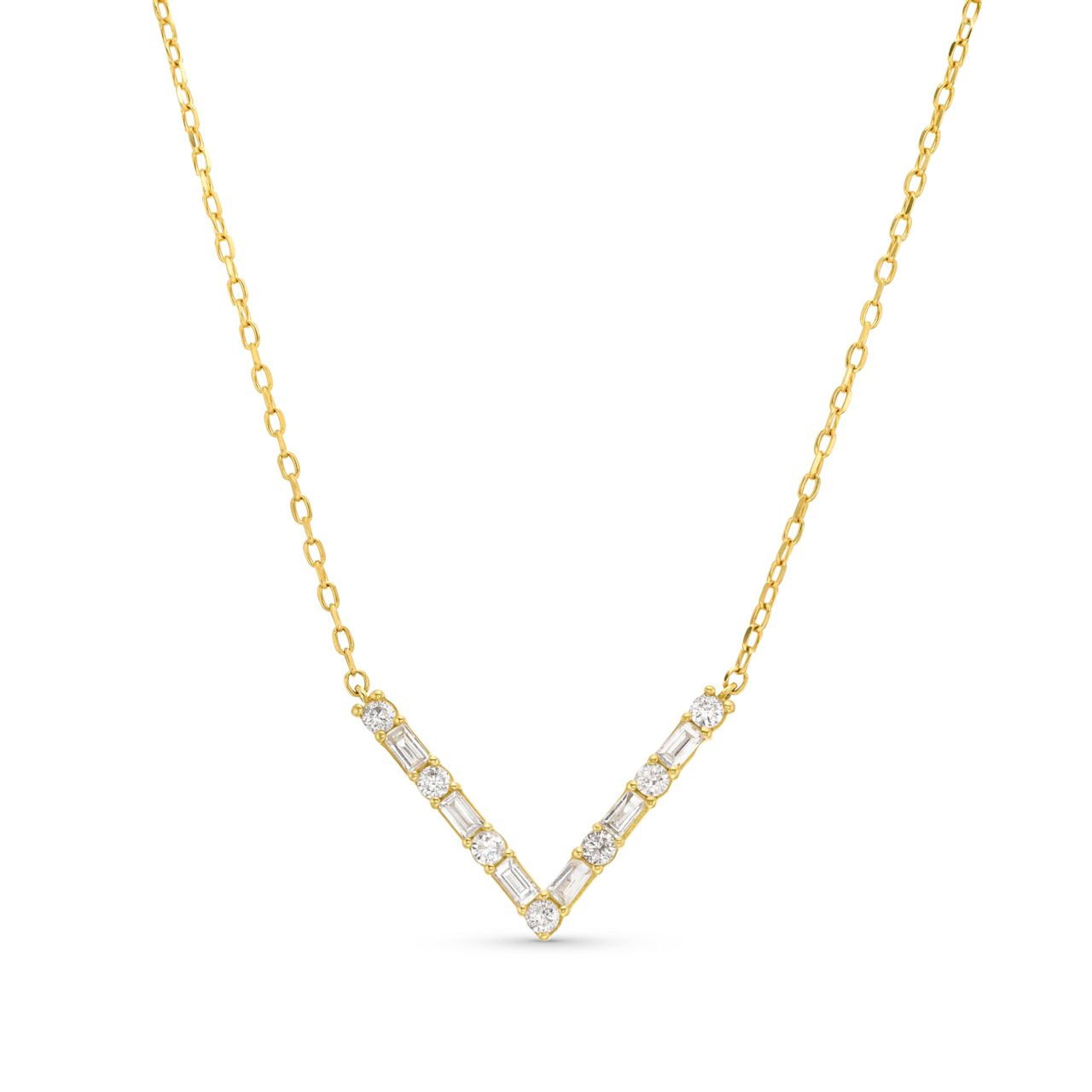 Alternating Round and Baguette Diamond V Shape Pendant