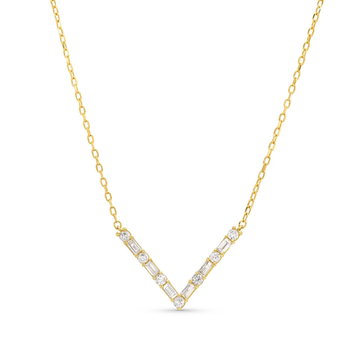 Alternating Round and Baguette Diamond V Shape Pendant In Yellow Gold 18K