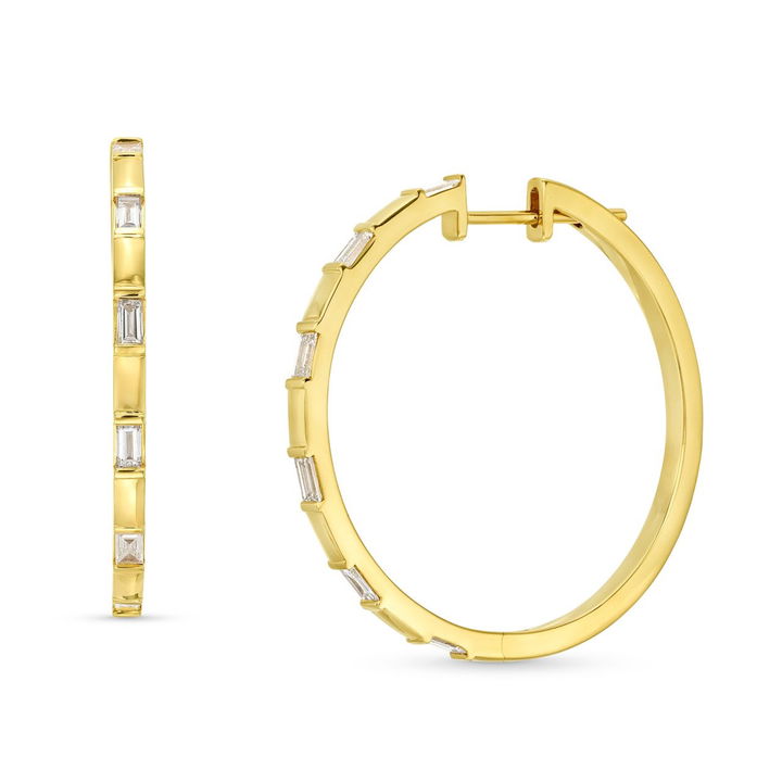 Alternating Baguette 1.25 inch Hoop Earrings In Yellow Gold 14K