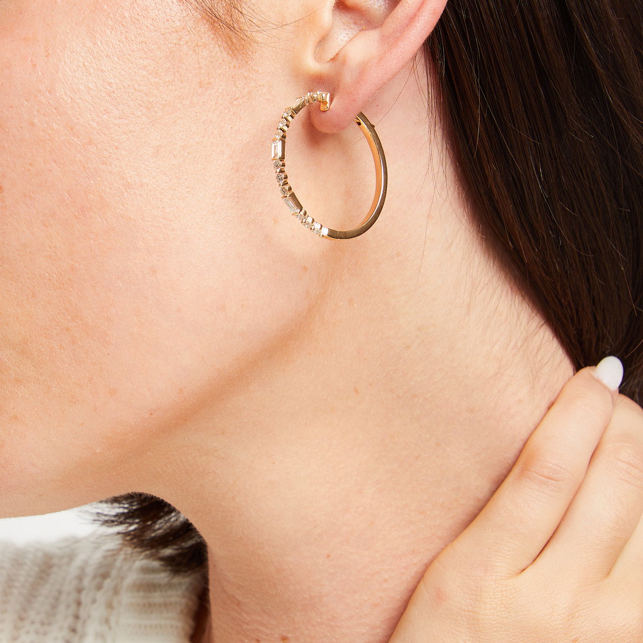 Round and Baguette Diamond 1.25 inch Hoop Earrings