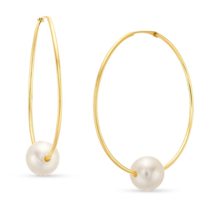 Freshwater Pearl Endless Hoop Earrings In Solid 14K Yellow Gold