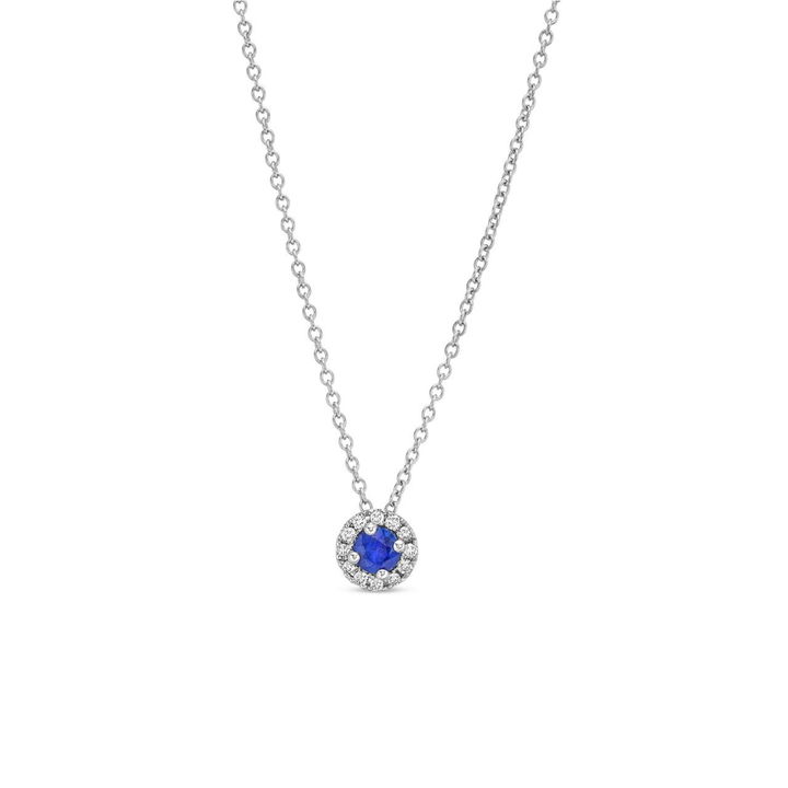 Blue Sapphire And Diamond Halo Pendant Necklace In White Gold 14K