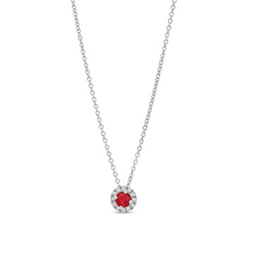 Ruby And Diamond Halo Pendant Necklace In White Gold 14K