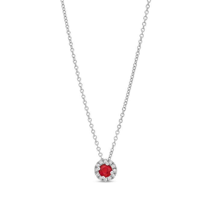 Ruby And Diamond Halo Pendant Necklace In White Gold 14K