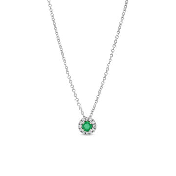 Green Emerald And Diamond Halo Pendant Necklace In White Gold 14K